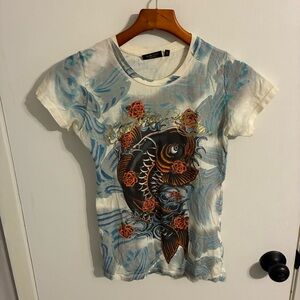 Y2K Christian Audigier Blue and White Koi Print Tee